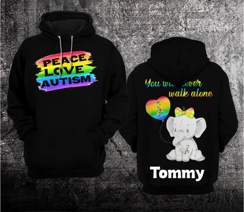 Personalized Peace Love Autism Unisex Hoodie For Men Women Elephant Autism Awareness Shirts Clothing Gifts HT