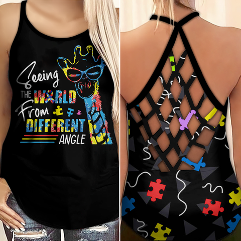 Seeing The World From Different Angle Autism Awareness Criss Cross Tank Top Giraffe Autism Awareness Shirts Autism Awareness Gift HT
