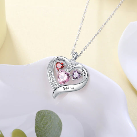 Personalized Engraved Heart Mothers Day Necklace With Birthstones Mom Jewelry Gift For Mom Grandma Wife HT