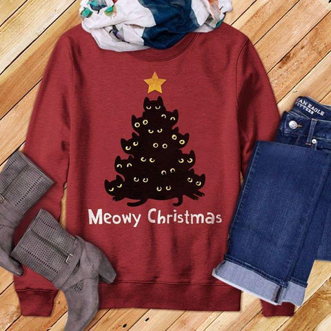 Meowy Christmas Sweatshirt Cat Christmas Tree Shirt Gifts for Cat Lovers Christmas Gifts