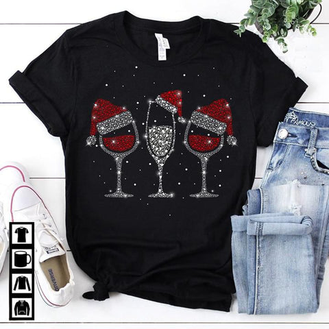 Wine Christmas Hat T-shirt Glitter Wine Shirt Christmas Gifts Funny Christmas Shirt