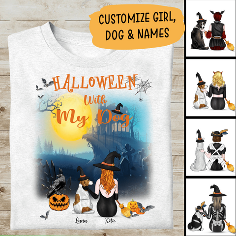 Halloween Shirt Halloween With My Dog Personalized T-shirt Best Gifts For Dog Lovers And Halloween Occasion
