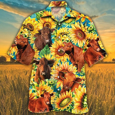 MEN RED ANGUS Beach Shirt Yellow Full Print, CATTLE LOVERS SUNFLOWER HAWAIIAN SHIRT Red Angus Hawaii Shirt CATTLE LOVERS HAWAIIAN SHIRT