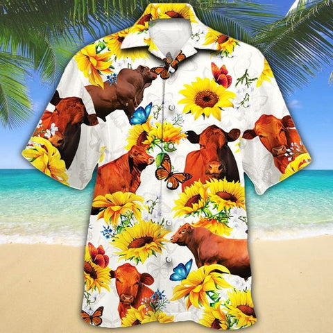 MEN RED ANGUS Beach Shirt White, CATTLE LOVERS SUNFLOWER HAWAIIAN SHIRT Red Angus Hawaii Shirt CATTLE LOVERS HAWAIIAN SHIRT