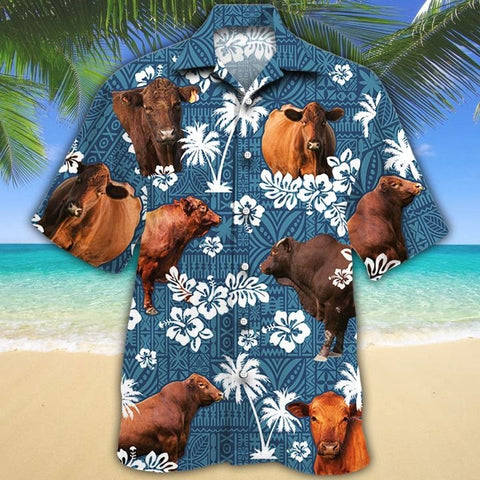 MEN RED ANGUS CATTLE LOVERS BLUE TRIBAL HAWAIIAN SHIRT Red Angus Hawaii Shirt CATTLE LOVERS HAWAIIAN SHIRT