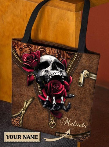 Skull Rose Tote Bag Skull Bag Leather Pattern Zipper Pattern Viking Design Skull Gifts