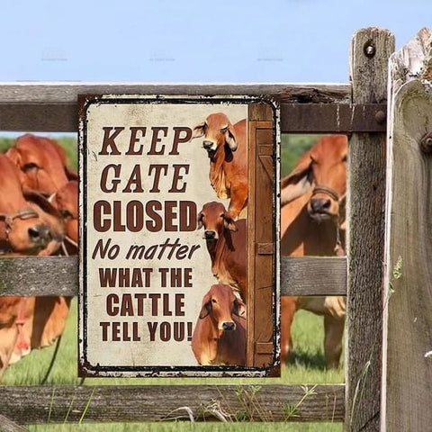 Keep Gate Closed Metal Sign, Red Brahman Sign, Gifts for Cattle Lovers, Cow Gifts HN