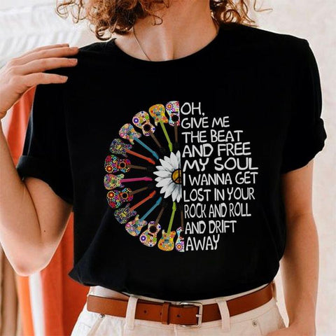 Oh Give Me The Beat and Free My Soul Shirt Hippie Guitar Sunflower T-shirt HN