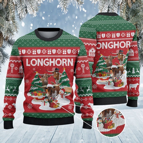 TX Longhorn Cattle Lovers Christmas Tree Knitted Sweater wool sweater