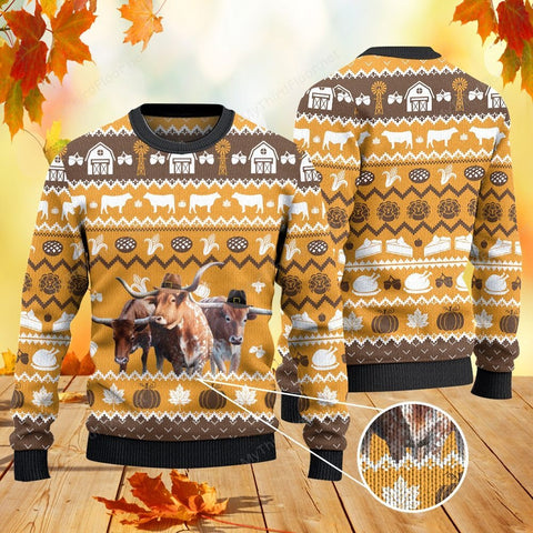 TX Longhorn Cattle Lovers Thanksgiving Gift Knitted Sweater wool sweater
