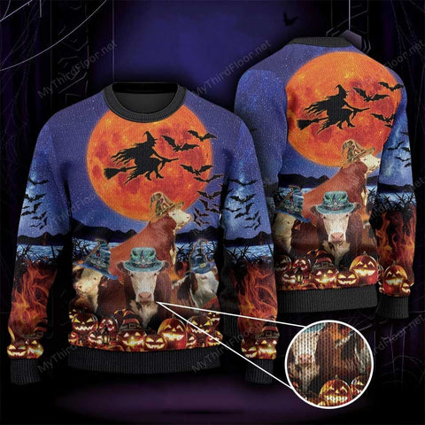 Hereford Cattle Lovers Halloween Moon Knitted Sweater wool sweater