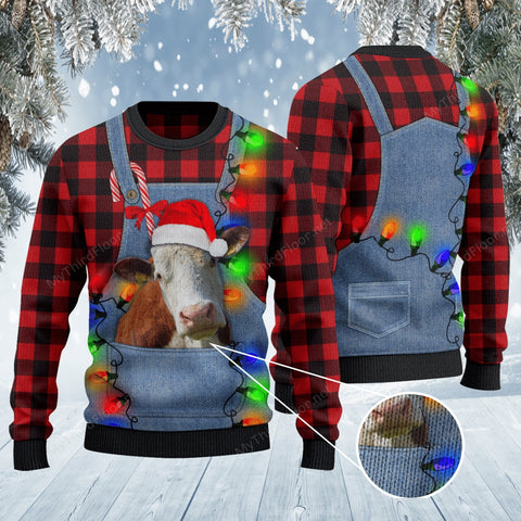 Hereford Cattle Lovers Red Plaid Shirt And Denim Bib Overalls Knitted Sweater wool sweater