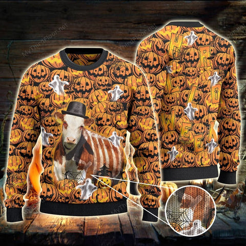 Hereford Cattle Lovers Halloween Pumpkin Knitted Sweater wool sweater