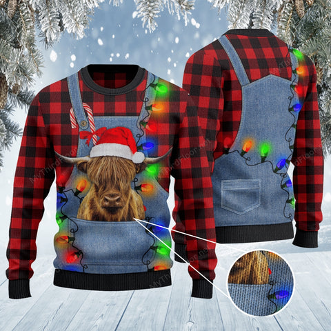 Highland Cattle Lovers Red Plaid Shirt And Denim Bib Overalls Knitted Sweater wool sweater