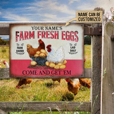 Personalized Chicken Farm Fresh Eggs Pink Customized Classic Metal Signs