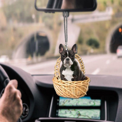 FRENCH BULLDOG BAMBOO AND RATTAN BASKET CAR HANGING ORNAMENT