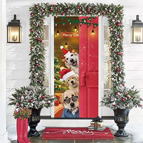 Santa Dogs Merry Christmas Door Cover Funny Dog Door Cover Christmas Home Decor Porch Home Holidays Decorations HT