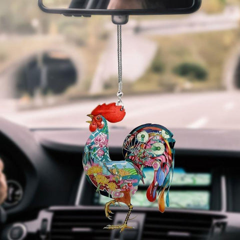 ROOSTER FLOWERS ART CAR HANGING ORNAMENT