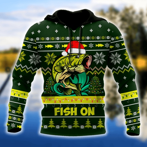 Men Hoodie Bass Fishing Fish on Christmas Hat 3D Shirts