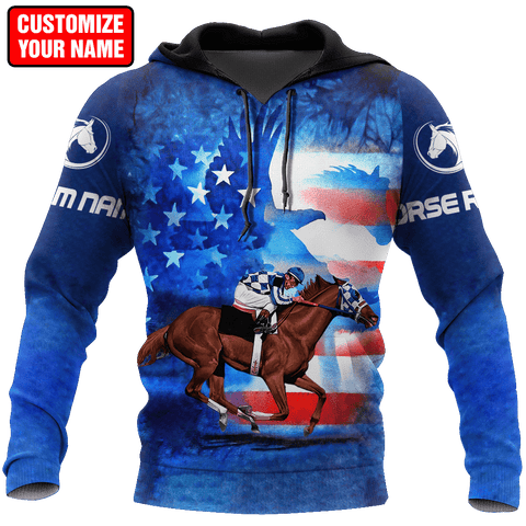 Men Hoodie Blue Personalized Name Horse Racing 3D All Over Printed Unisex Shirts American Rider