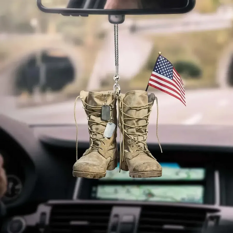 MILITARY BOOTS AND FLAG VETERAN CAR HANGING ORNAMENT Gift for Veteran Day US Veteran Ornament