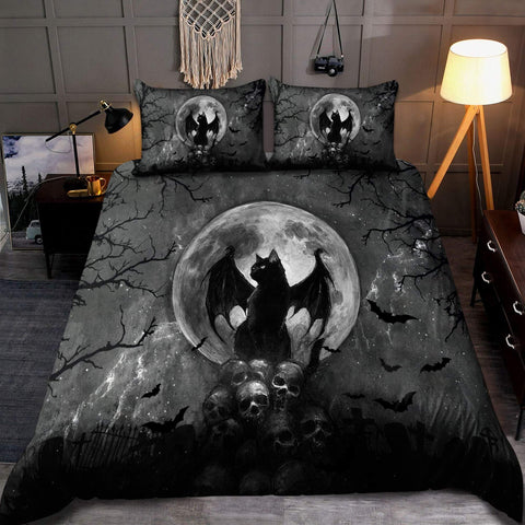 Halloween Bedspread Black Cat and Skull Halloween Bedding Set