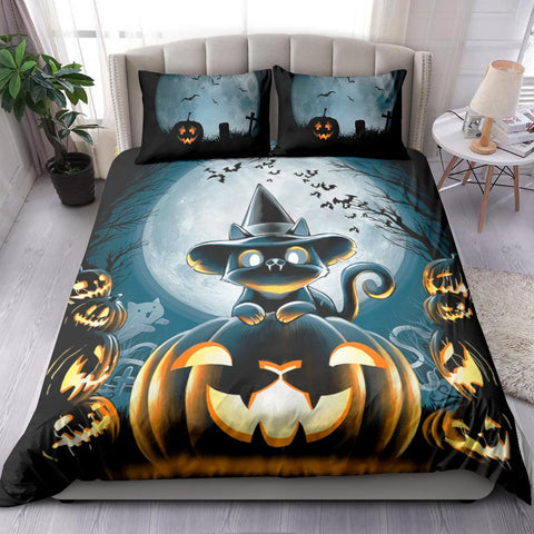 Black Cat Moon Halloween Bedding Set Bedspread Duvet Cover Set Home Decor ND