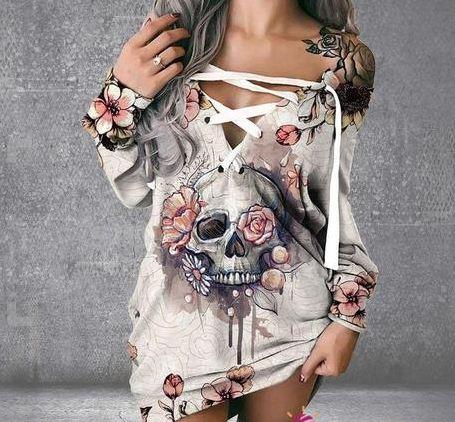 Floral Skull Best Gift For Skull Lovers Lace-up Dress TL