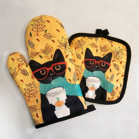 Black Cat Oven Mitts and Pot Holder Set Black Cat Oven Mitts Oven Gloves Kitchen Housewarming Gift