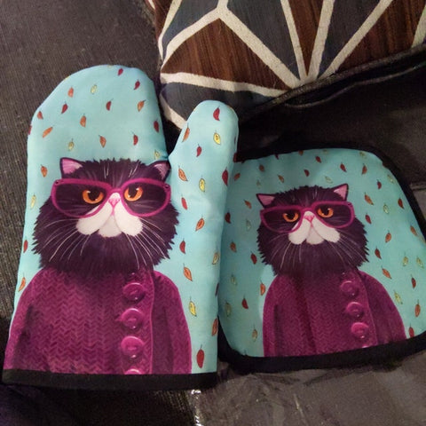 Cute Cat Oven Mitts and Pot Holder Set Oven Mitts Oven Gloves Housewarming Gift For Cat Lovers