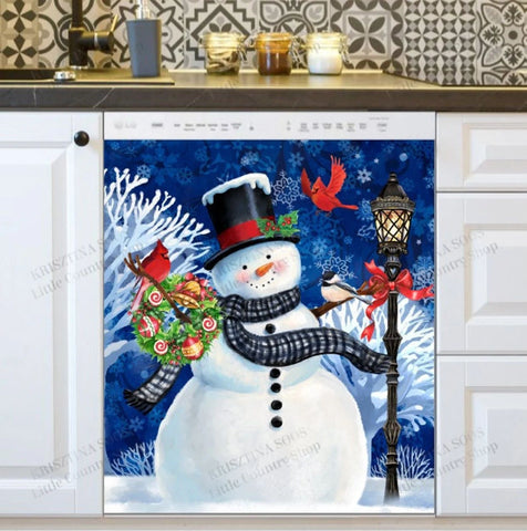Christmas Dishwasher Cover Magnet Kitchen Decor - Vintage Snowman with Wreath, Birds and Lamp Post HT