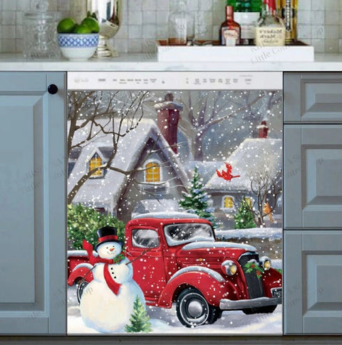 Christmas Kitchen Dishwasher Magnet Cover - Heirloom Red Truck with Snowman HT