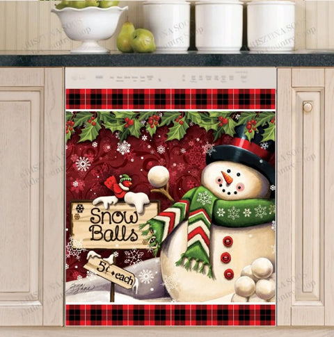 Christmas Kitchen Dishwasher Magnet Cover - Snowman with Snowballs Sign and Cardinal HT