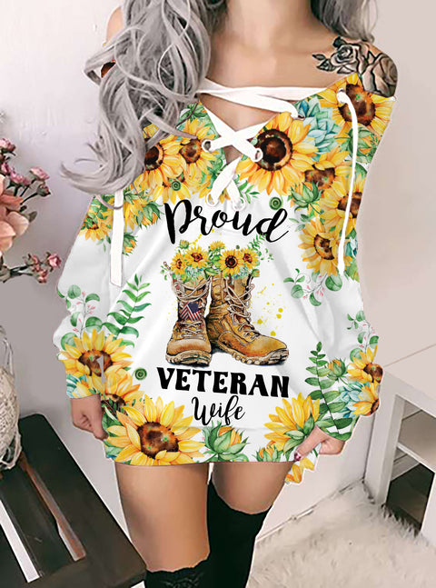 Proud Veteran Wife Lace-up Dress Sunflower Dress Veterans Wife Dress Gifts for Veterans Wife Veterans Day Gift HN