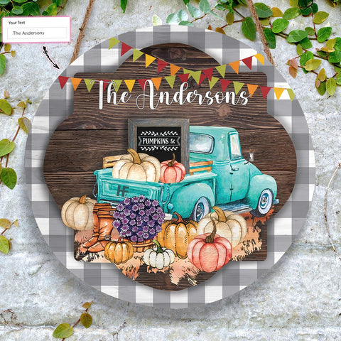 Fall Teal Truck And Pumpkins Custom Round Wood Sign, Thanksgiving Wood Sign Custom Welcome Sign Fall Decor HN