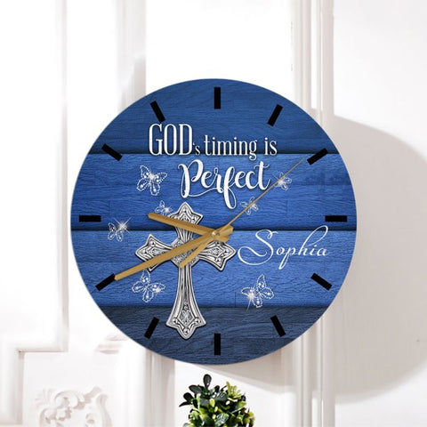 God’s Timing Is Perfect Rhinestones Cross Personalized Wooden Clock Jesus Clock Christian Home Decor