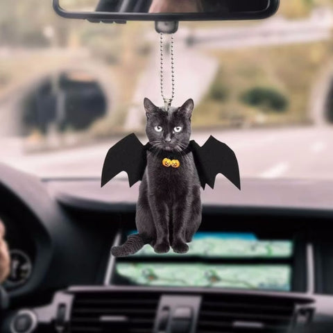 Grumpy black cat bat wings cat lovers Halloween pumpkin plastic car hanging ornament one size 2-side printable car decoration HT
