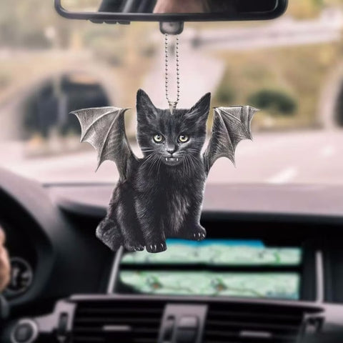 Grumpy little black kitty bat wings cat lovers Halloween pumpkin plastic car hanging ornament one size 2-side printable car decoration HT