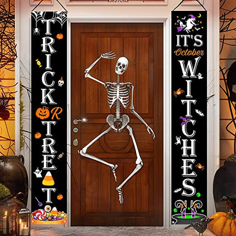 Trick Or Treat It's October Witches Halloween Decorations Outdoor Decor Banners Porch Signs Front Door Outside Yard Garland Party Supplies HT