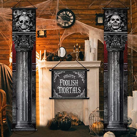 Gothic Mansion Skull Welcome Halloween Decorations Outdoor Decor Banners Porch Signs Front Door Outside Yard Garland Party Supplies HT