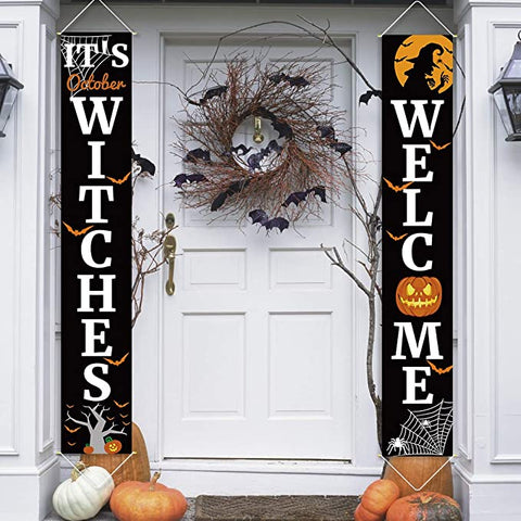 It's October Witches Welcome Halloween Decorations Outdoor Decor Banners Porch Signs Front Door Outside Yard Garland Party Supplies HT