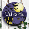 Welcome Sign, Halloween Night Moon Round Wood Sign, Scary Bat Halloween Wood Sign, Halloween Decor HN