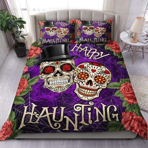 Happy Haunting Sugar Skull Halloween Bedding Set Bedspread Duvet Cover Set Home Decor ND