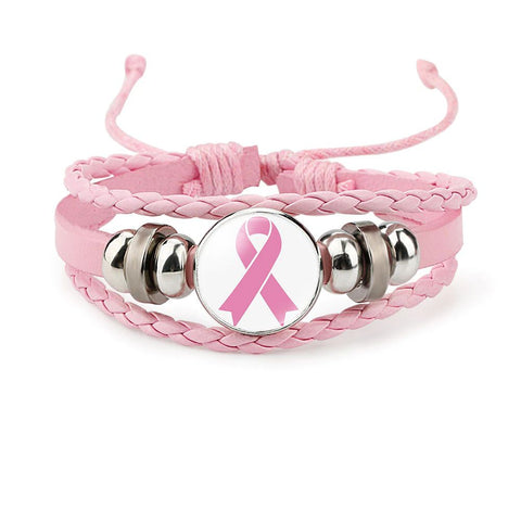 Breast Cancer Bracelets Breast Cancer Gifts For Women - Breast Cancer Survivor Gifts For Cancer Patients Women Pink Ribbon Charm Braided Leather Rope Wrap Bangle Fashion Jewelry