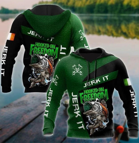 Jerk It Hooked On Freedom Fishing Gift Men Hoodie St Patrick's Day Clothes HT