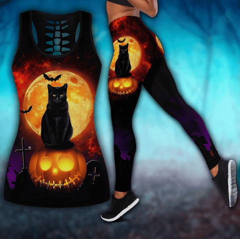 Halloween Tank top leggings Halloween Black Cat Combo Outfit For Women