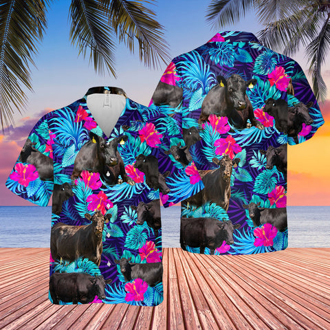 Black Angus Blue neon Tropical Hawaii Shirt, Cattle Shirt BLACK ANGUS CATTLE LOVERS HAWAIIAN SHIRT TTM