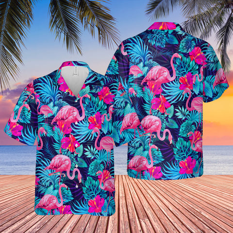 Flamingo neon Blue Tropical hawaii shirt Flamingo lover hawaiian shirt TTM