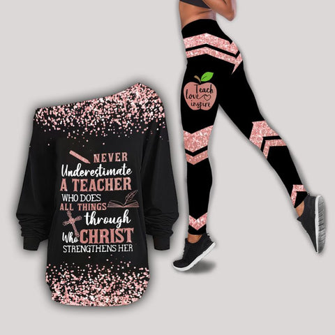 ON SALE Never underestimate a Teacher who does all things through Christ who strengthens her Off Shoulder Shirt & Leggings Set