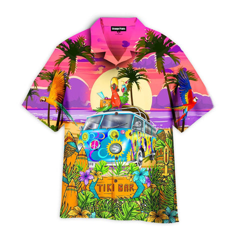 Parrots Tiki On Hippie Bus Hawaiian Shirt Summer Beach Clothes Outfit For Men Women ND